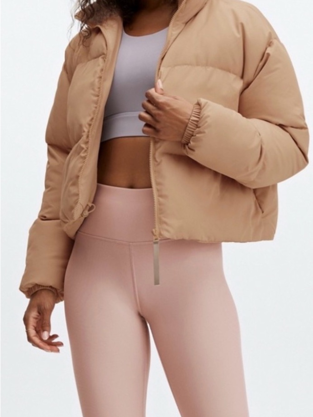 Fabletics Women's Cropped Puffer Jacket - Tan in medium